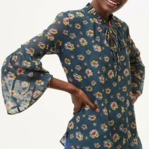 Loft GREEN FLORAL SWISS DOT TIE NECK LONG BELL SLEEVES Top